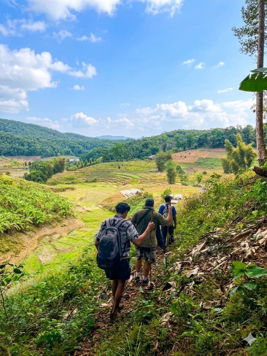 Three trekkers walking down a hillside path towards terraced rice fields under a blue sky